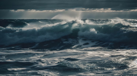 A big wave at the open sea in the afternoon, dark sky, rain and storm is about to come.の写真素材