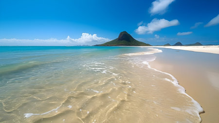 Landscape of beautiful beach with white sand and clear transparent water, blue sky and green mountain at the horizon.の写真素材