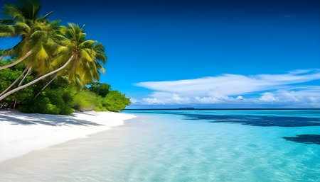 Landscape of beautiful transparent turquoise water beach, white sand and tropical green and coconut tree. Undiscovered island.の写真素材