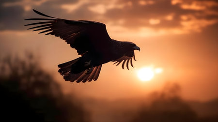Golden eagle Aquila chrysaetos flying in the air with mountain and highland forest background evening sunset golden hour.の写真素材