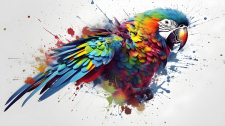 Illustration art watercolor of Scarlet Macaw bird with colorful feather artistic isolated on white background.の素材