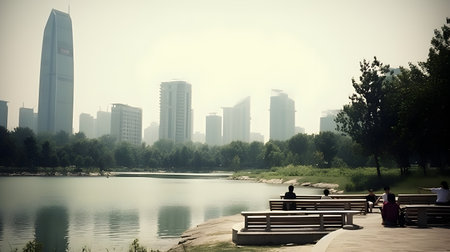 Cityscape with skyscrapers, trees, and reflection in lake water.の素材