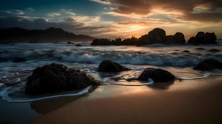 Morning Serenity: Reflections of a Beautiful rocky beach at sunrise with ocean wave, rocks, and a beautiful sky.の素材