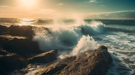 Rocky shore with untamed nature: beach, ocean, sky, waves, surfer, water sports, motion, power.の素材