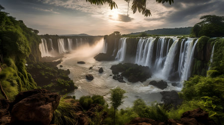 Nature's beauty: lush forest, flowing water, majestic waterfall. Perfect travel destination.の素材