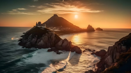 Ethereal Sunrise over Coastal Horizon, serene beauty, panoramic view, gentle waves, tranquil escape.の素材