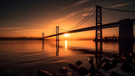 Cityscape at Dusk: Panoramic Skyline Reflection on Suspension Bridgeの素材
