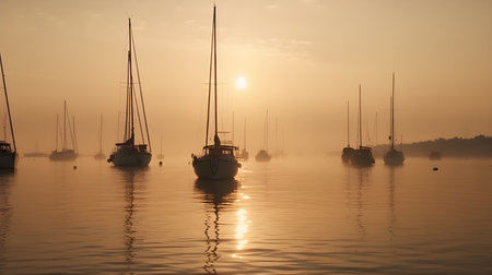 Silhouette of sailboat on calm ocean at sunrise, reflecting peaceful and tranquil atmosphere.の素材