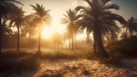 Misty morning landscape with palm tree, sunbeam, and tranquil scene in nature.の素材