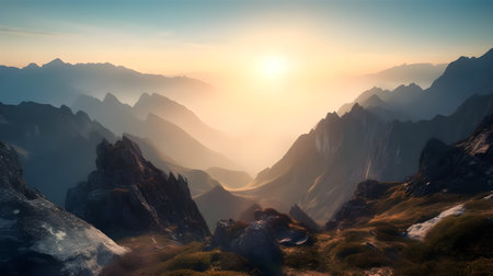 Untouched nature, misty forest, tranquil valley: a captivating sunrise over the majestic mountain range in natures beauty.の素材
