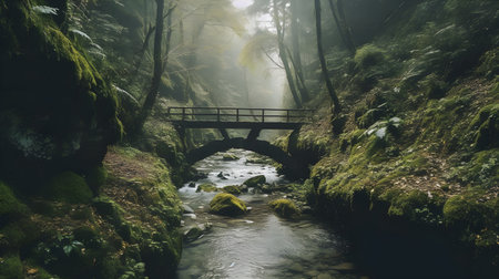 Tranquil green forest Landscape with Serene River and old Sunlit Bridge. Misty fresh nature environment.の素材