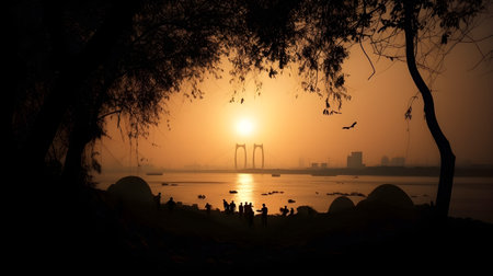 Tranquil beach at dawn: calm ocean, tree silhouette, golden sunset, bridge and city in the background.の素材