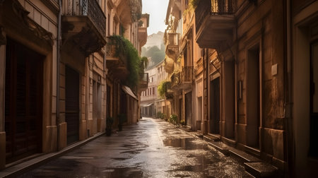 Quiet wet street alley with Mediterranean european residential architectural.の素材