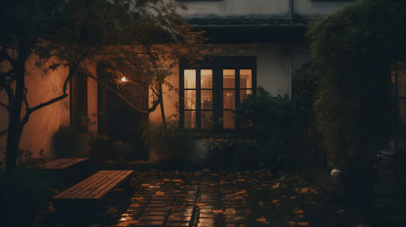 Evening house backyard with illuminated buildings, nature, and tranquil residential district.の素材