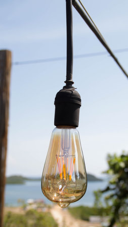 A perfect hanging outdoor incandescent light bulb in day light.