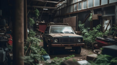 An old rusty abandoned classic car in a old shed overgrown with weeds and vines.の素材