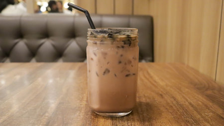 Ice milk cincau is a traditional cold beverage from Indonesia or iced grass jelly with milk and brown sugar.の写真素材