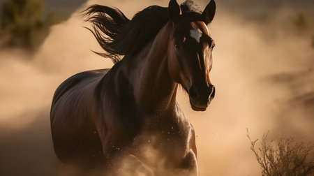 Close up of brown wild horse running in the nature blur background with lot of dust on the ground.の素材