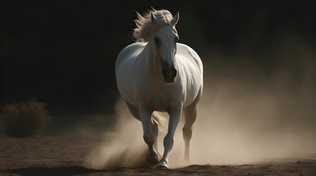 White wild horse running in the nature blur background with lot of dust on the ground.の素材