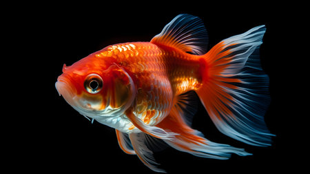 Close up of orange goldfish breed swimming low light isolated on black background.の素材