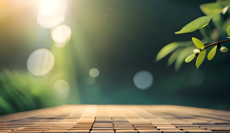 Beautiful brick path and leaf, green nature blurry background backdrop for product display presentation or design material.の素材