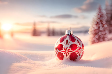 Red Christmas tree decoration or Christmas ball decor sit on the white snow on holiday snowy beautiful soft dreamy winter atmosphere and nature background with sunrise morning Christmas backdrop.の素材