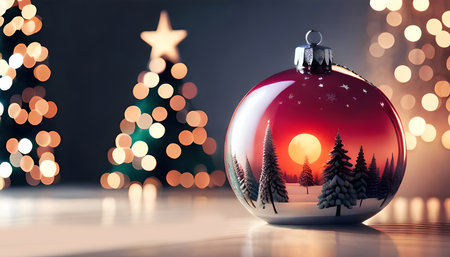 Hanging elegant beautiful nature pine tree glass ball Christmas tree ornament decoration used for banner and background or backdrop for seasonal greetings. Holiday winter season Christmas light.の素材