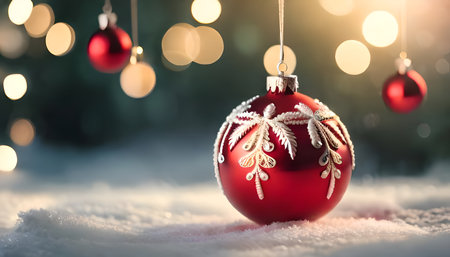 Hanging elegant beautiful red glass ball Christmas tree ornament decoration used for banner and background or backdrop for seasonal greetings. Holiday winter season dreamy Christmas light.の素材