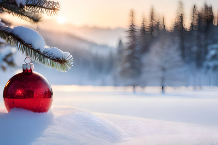 Red Christmas tree decoration or Christmas ball decor hang in a pine tree on the white snow on holiday snowy beautiful soft dreamy winter atmosphere, nature background with sunrise morning Christmas.の素材