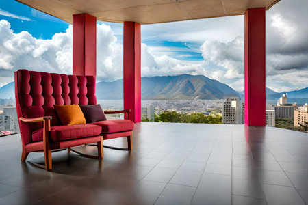 Modern colorful outdoor terrace or deck upper building with city and mountain view.の素材