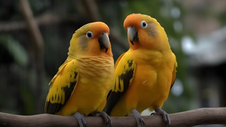Two yellow parakeet and love birds parrots nature background.の素材