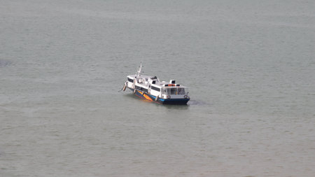Fast ferry passenger vessel ship transportation sail at the sea.