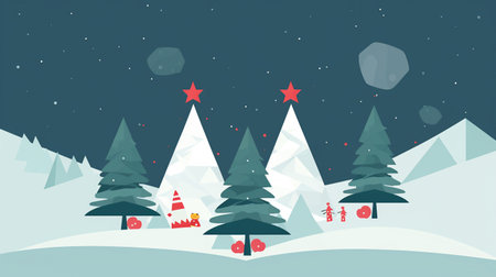 Illustration of winter tree forest landscape christmas night. Seasonal landscape background.の素材