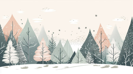 Illustration of winter tree forest christmas scene. White seasonal landscape background.の素材