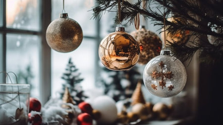 Winter seasonal Merry Christmas and happy new year background wallpaper, template, banner, poster, holiday design, beautiful christmas ball sphere christmas tree ornament.の素材