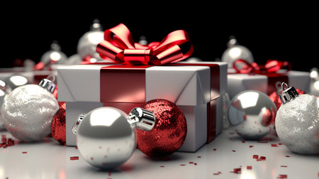 Christmas ornament and boxes of present with black background.の素材