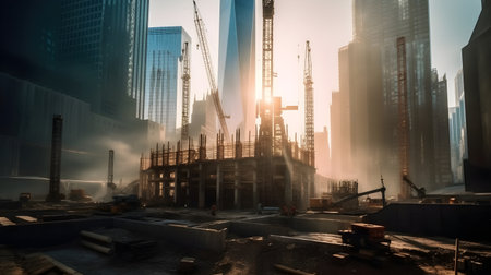 A building being build in a construction area with skyscraper around it in the evening sunset.の素材