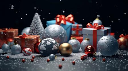 Ball Christmas ornament, christmas tree miniature, and boxes of present with some snow.の素材