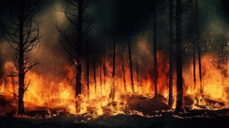 Forest on fire and environment damage and natural habitats, fire is everywhere and air pollutionの素材