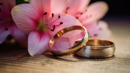 Beautiful couple wedding rings presentation symbolize the everlasting bond of love and commitment. Jewelry gold diamond ring for wedding anniversary, valentine, or engagement.の素材