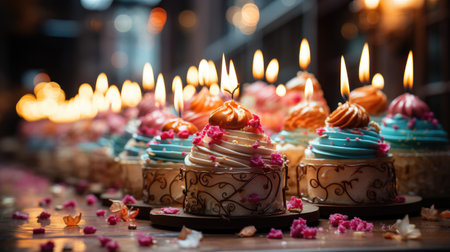 Lot of mini birthday cake or birthday cupcake with the candle colorful cake.の素材