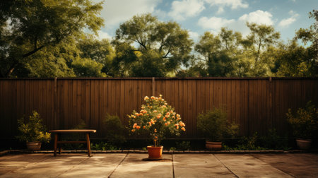 Concrete terrace and backyard home wooden fence as a backdrop with tall green tree and blue sky in the background as a beautiful nature backdrop.の素材
