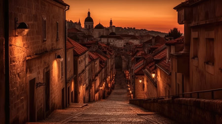 Captured at dusk, showcases the timeless charm of a European city, where a solitary figure strolls down the cobbled lane flanked by aged buildings, illuminated by the soft lights under a sunset sky.の素材