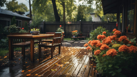 Serene post rain scene with wooden patio, rain kissed, lush flora, tranquil ambiance, embraced by soft light in a tended garden. Backyard home a place to relax, gather, and sit.の素材