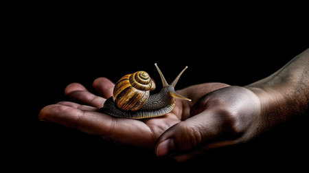 A person's outstretched palm holds a large brown snail, its shell a spiral of earthy tones. The backdrop is a pure black abyss, emphasizing the delicate snail's golden-hued shell.の素材