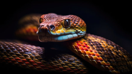 Close up dangerous deadly poisonous cobra snake on black background.の素材