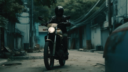 A man on a vintage motorcycle in urban alley.の素材