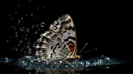 Vibrant Painted Lady Butterfly flying at the water surface on a Stark Black Backgroundの素材