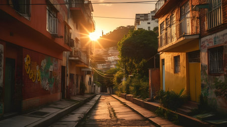 Charming Brazilian Residential Street at Sunset with Vibrant Colors and Lush Greeneryの素材