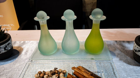 Three Frosted Glass Aromatherapy Bottles on Display in a Spa Setting with Natural Elements and Soft...